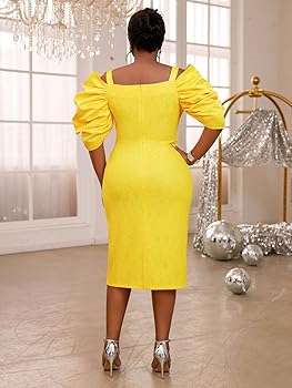 AOMEI Womens V Neck Cold Shoulder Office Sheath Dresses Ruched Puff Sleeve Lace Pencil Midi Dress with Belt for Curvy Women (4X,Yellow) at Amazon Women's Clothing store AOMEI Womens V Neck Cold Shoulder Office Sheath Dresses Ruched Puff Sleeve Lace Pencil Midi Dress with Belt for Curvy Women (4X,Yellow) at Amazon Women's Clothing store