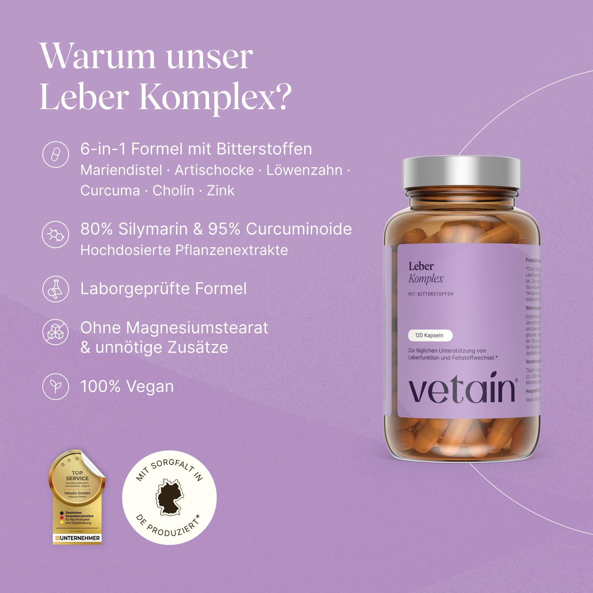 VETAIN Leber Kur Mariendistel Komplex - 80 % Silymarin (200mg) - Löwenzahn, Cholin, Artischocke, Curcuma & Zink - 120 Kapseln - Hochdosiert & vegan - produziert & laborgeprüft in Deutschland