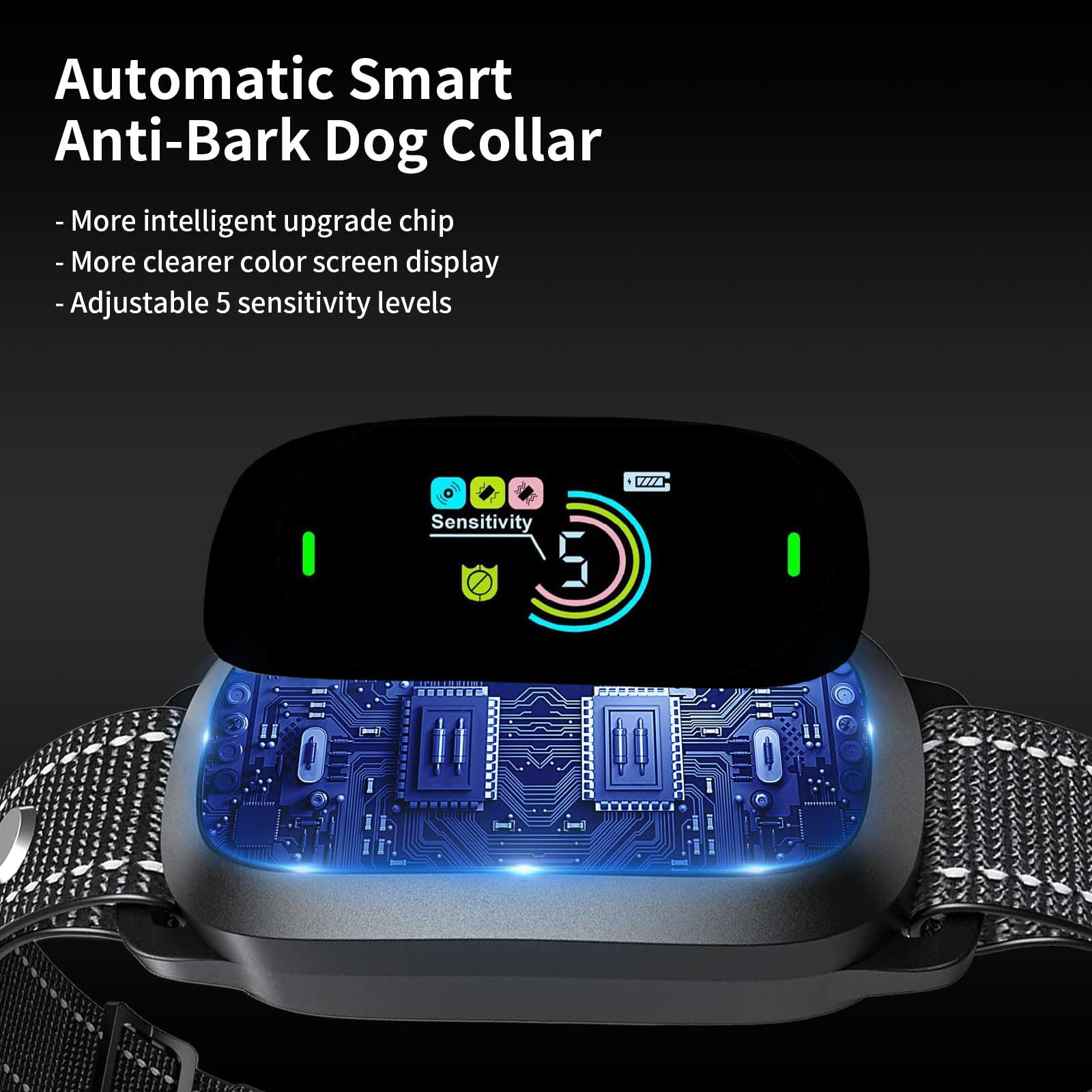 Collar Antiladridos para Perro, Inteligentes Collar Automático Antiladridos con 4 Modos de Inofensivas/Fortalecimiento Vibraciones/Sonido, 5 Niveles de Sensibilidad Ajustables, Impermeable IP67