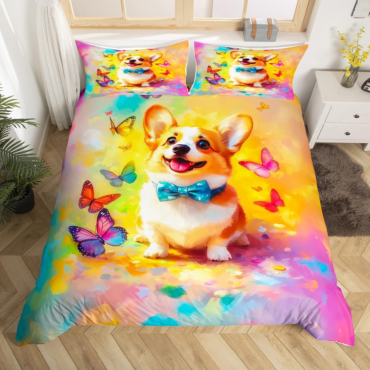 Kawaii Corgi Duvet Cover King for Kids Boys Teens,Watercolor Cartoon Puppy Dog 3 Pieces Duvet Cover,Wild Butterfly Animals Soft Comforter Cover (Not Comforter),Colorful Pigment Tie Dye Quilt Cover