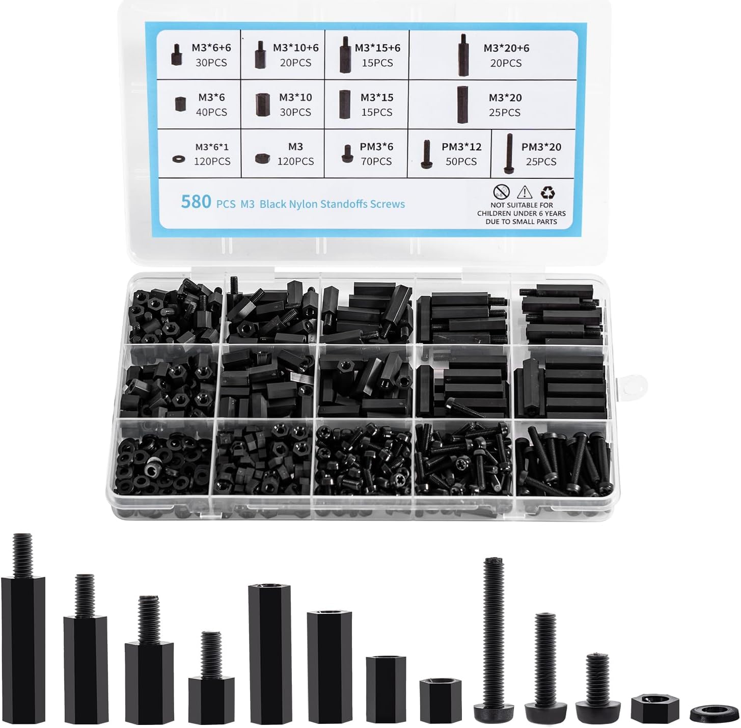 580 PCS M3 Black Nylon Standoff Kit with Spacers, Screws, and Nuts - Motherboard & PCB Mounting Standoffs and Screws, Threaded Pillar Spacers for Circuit Boards and Computer Building
