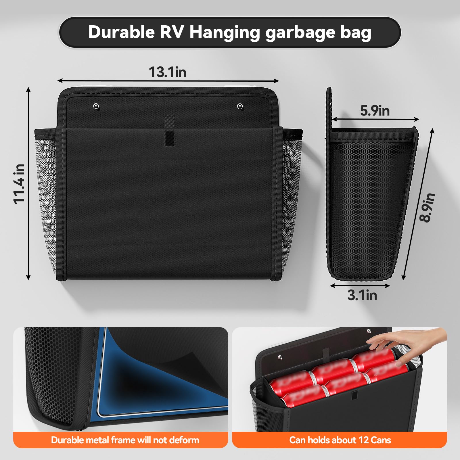 Organiseur de rangement mural à suspendre avec grandes poches et ruban adhésif adhésif, organiseur de porte de rangement mural pour camping-car, cuisine, bureau, noir