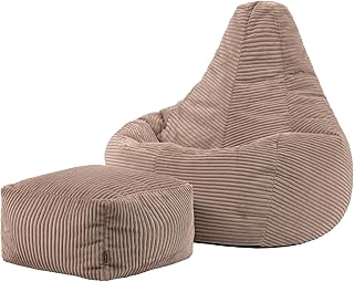 Icon Dalton Sitzsack mit Hocker Cord, Mokkabraun, Gaming Sitzsack Erwachsene mit Füllung, Bean Bag, Cord Sessel, Lounge Sessel, Lounge Stuhl, Schlafzimmer, Wohnzimmer, Wohnzimmer Möbel