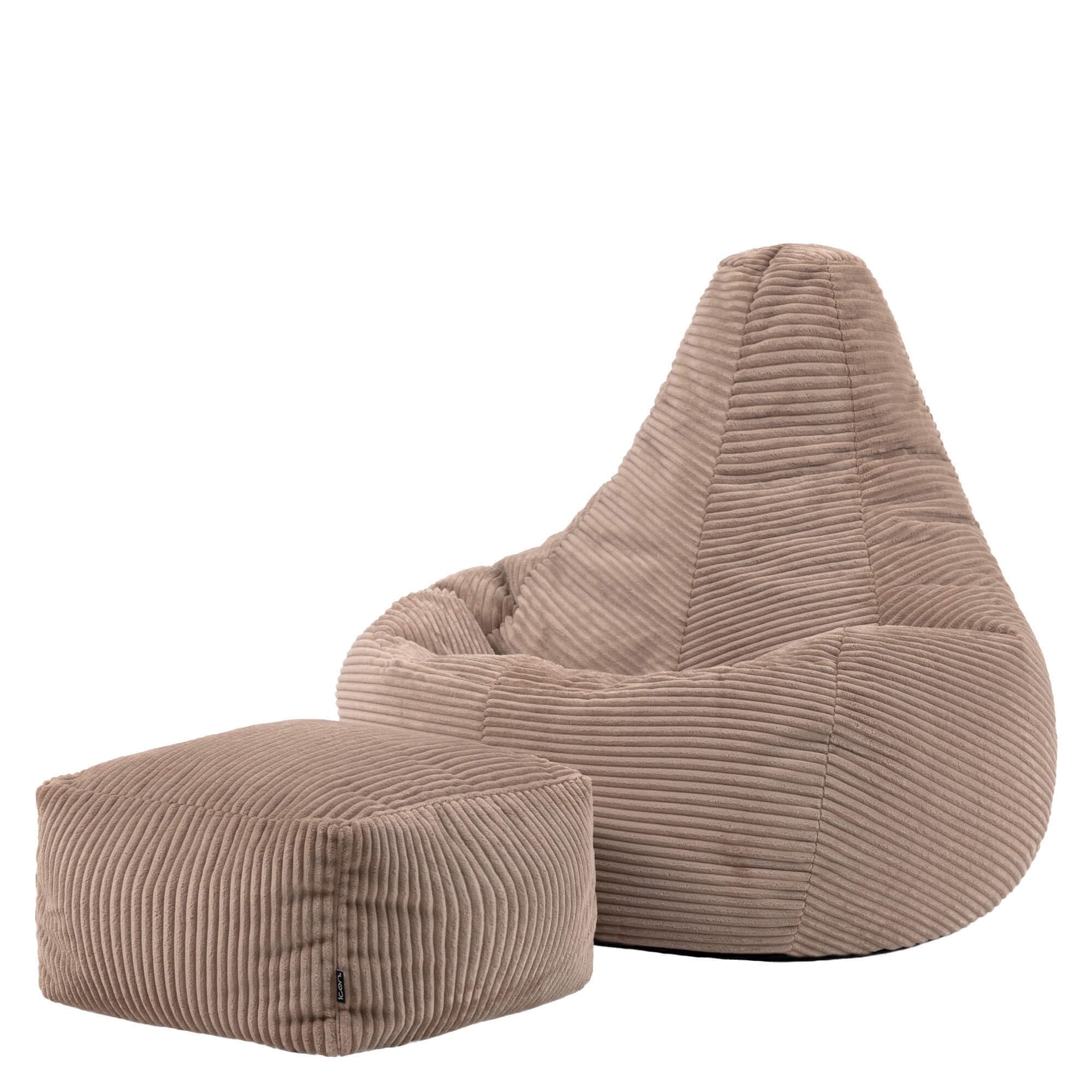 Icon Dalton Sitzsack mit Hocker Cord, Mokkabraun, Gaming Sitzsack Erwachsene mit Füllung, Bean Bag, Cord Sessel, Lounge Sessel, Lounge Stuhl, Schlafzimmer, Wohnzimmer, Wohnzimmer Möbel