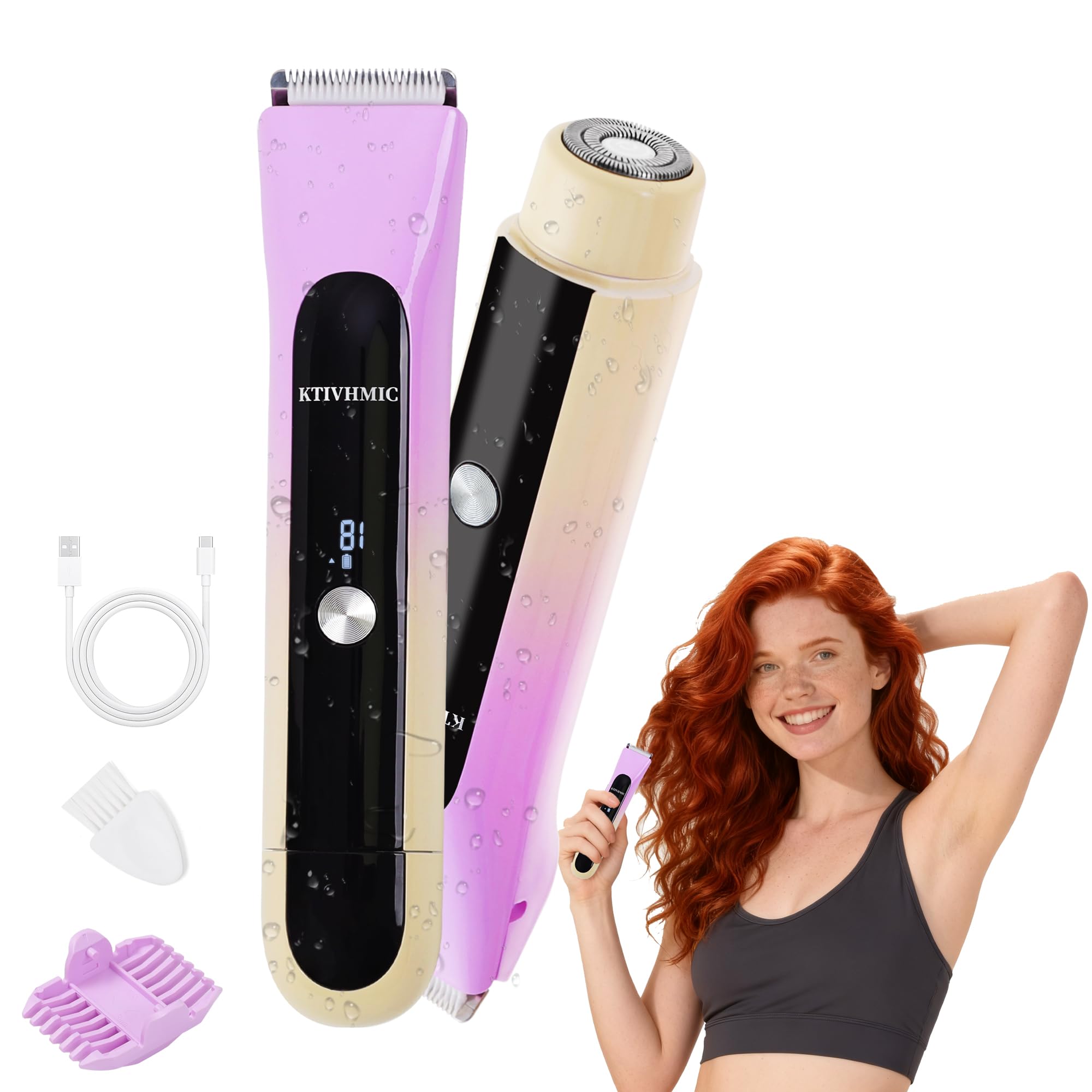 Rasoio elettrico 2 in 1 per bikini da donna con display digitale, indicatore a freccia a LED a doppia testa, IPX7, impermeabile, per uso bagnato e asciutto, rasoio elettrico per gambe