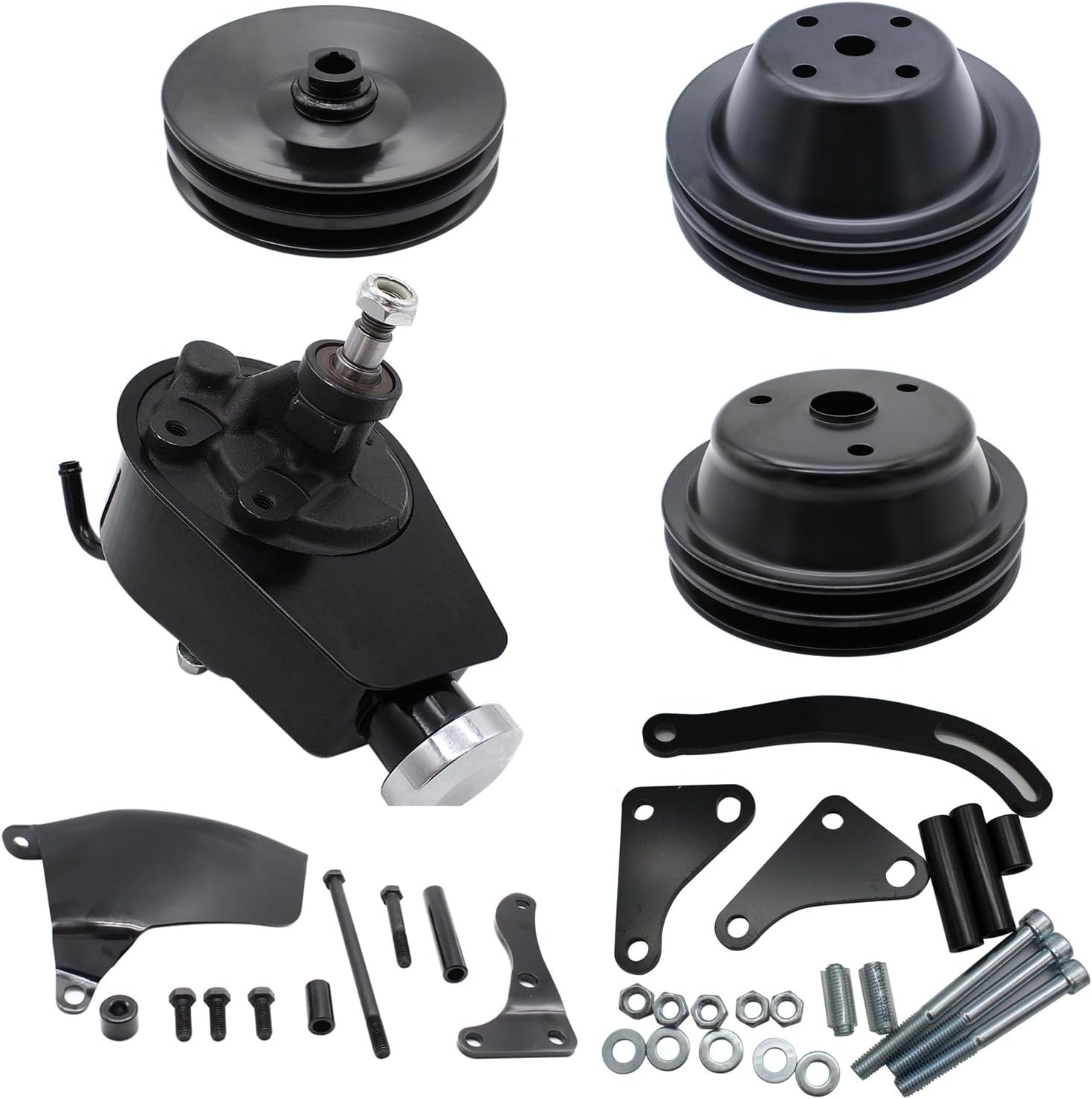Power Steering Pump with 2 Groove V-Belt Water Pump and Crankshaft Pulley with Bracket Kit Compatible with SBC Chevy 265 283 305 327 350 383 400 with Long Water Pump