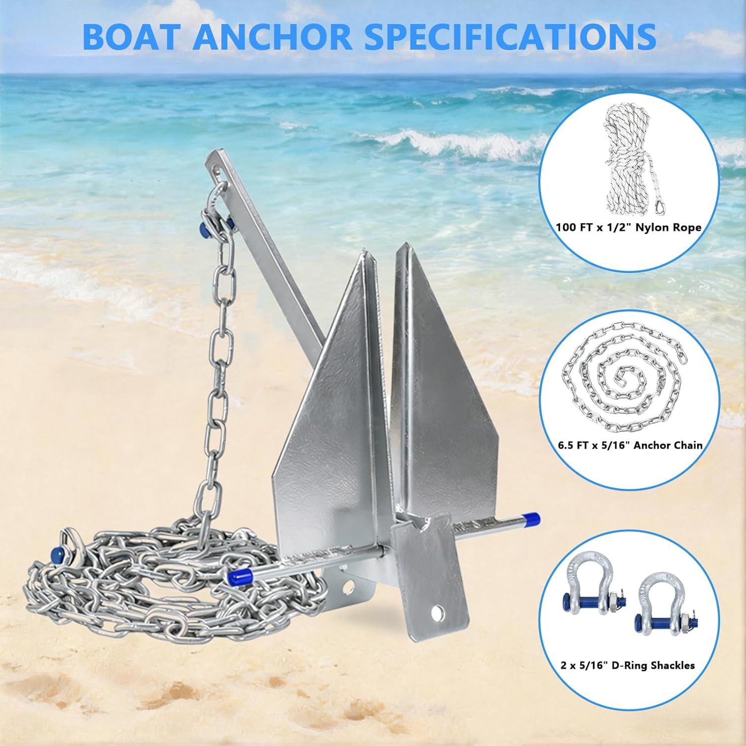 Heavy Duty Boat Anchor Kit, 5/8/10/13/18/25 lb Galvanized Danforth Anchor with Anchor Chain, Shakles and Boat Anchor Rope, Fluke Anchor Kit for Boats Pontoon, Deck, Fishing, and Sail