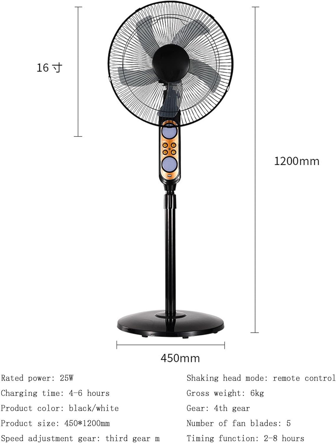 CAULO 16inch Swing Head Fan with Remote Control 25w 12000mah with 6w Solar Panel Electric Solar Stand Fan,360° Mobile Adjustable Solar Fan (Black)