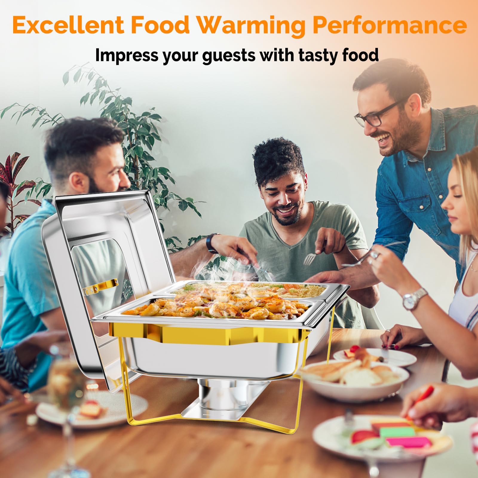 ROVSUN Juego de Platos de Cocina de 8 Cuartos de galón, Acero Inoxidable NSF, Calentador de Alimentos Rectangular con 2 sartenes de Medio tamaño y Marco Plegable para Fiestas (Paquete de 1)