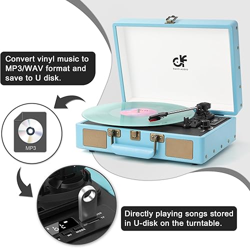 Miniatura 6 de Tocadiscos portátil de maleta con Bluetooth vintage con altavoces integrados, tocadiscos de 3 velocidades con grabación de audio de vinilo USB,