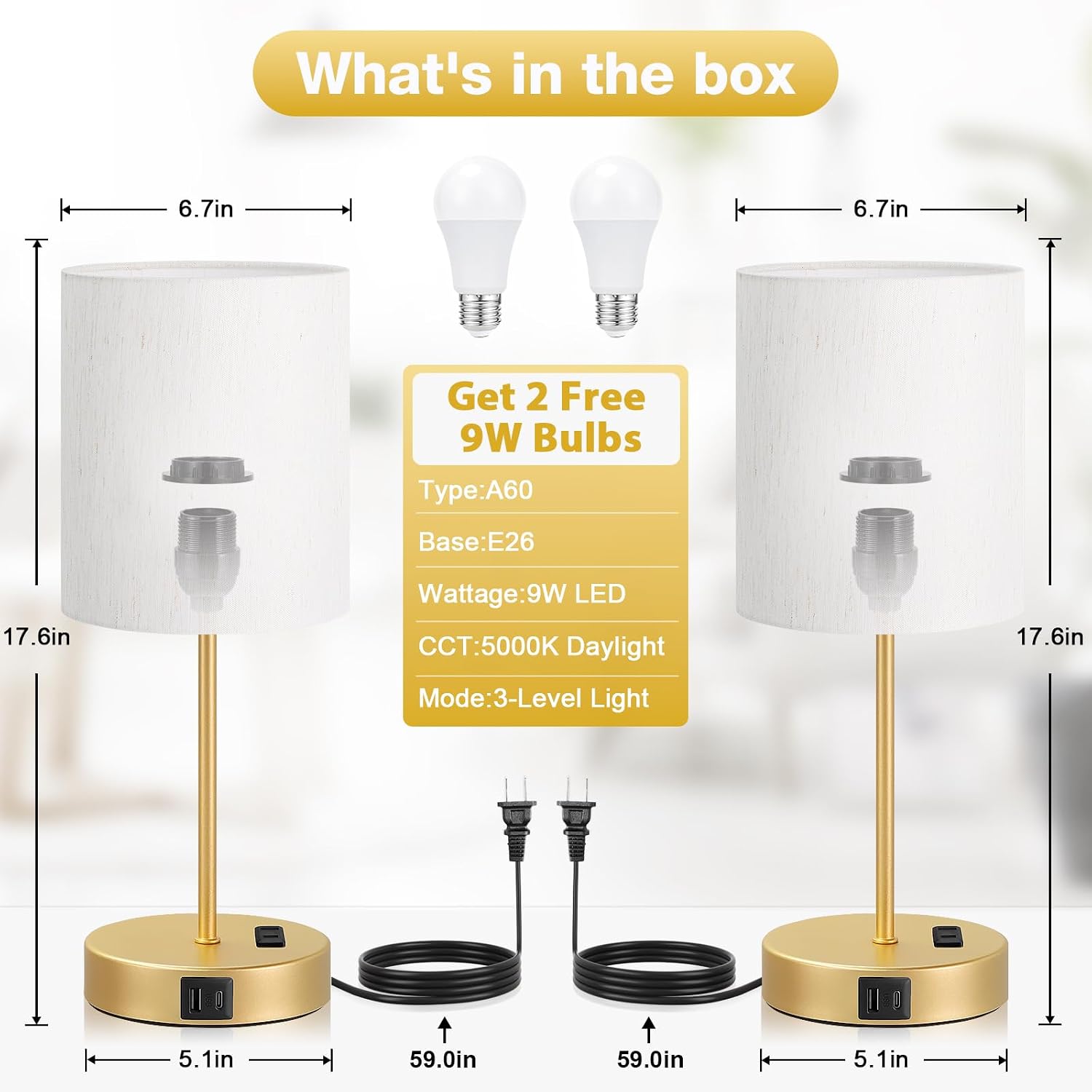 17.6" Gold Touch Lamps for Bedroom Set of 2 - Dimmable, USB C+A, AC Outlet | Large 17.6" Tall Lamp, 3-Way Dimming, 5000K Daylight Bulbs, Cream Lampshade Gold Base, for Living Room, Boys, Men, Girls thumbnail
