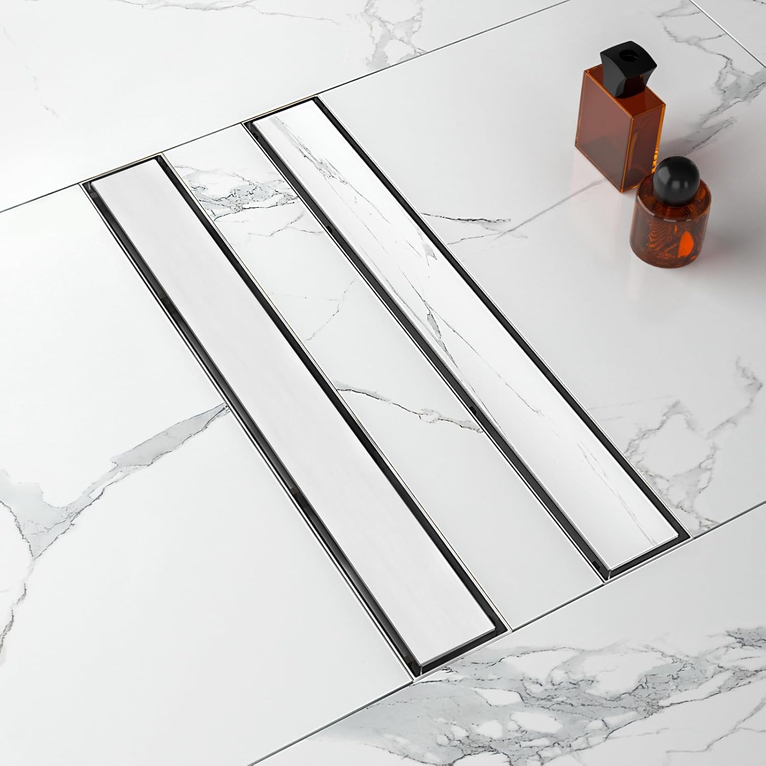 32-Inch Linear Shower Drain with Tile Insert Grate, SUS 304 Stainless Steel Linear Drain, Brushed Nickel Long Rectangle Shower Floor Drain with Leveling Feet, Hair Strainer, Fits Bathroom Brushed Nickel 32 Inch