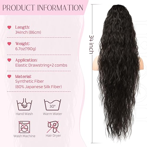 Miniatura 3 de HOOJIH Extensión de cola de caballo, cola de caballo extra larga de 34 pulgadas, cola de caballo negra y marrón, cola de caballo ondulada, suave y
