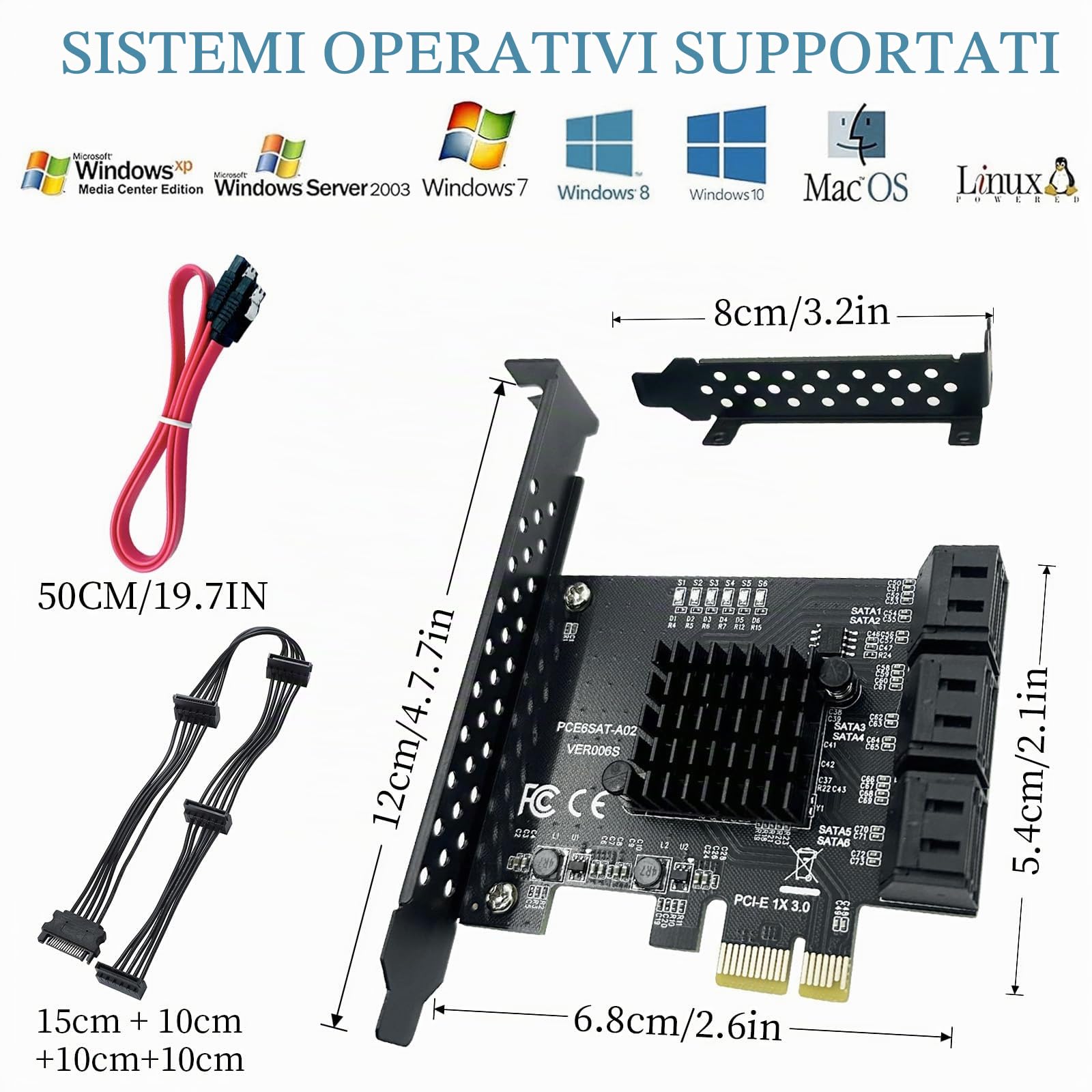 Scheda di espansione PCIe SATA 6 porte x1 6Gbps con controllore e 6 cavi | supporto SSD/HDD, compatibile Windows XP/7/8/10 e Linux