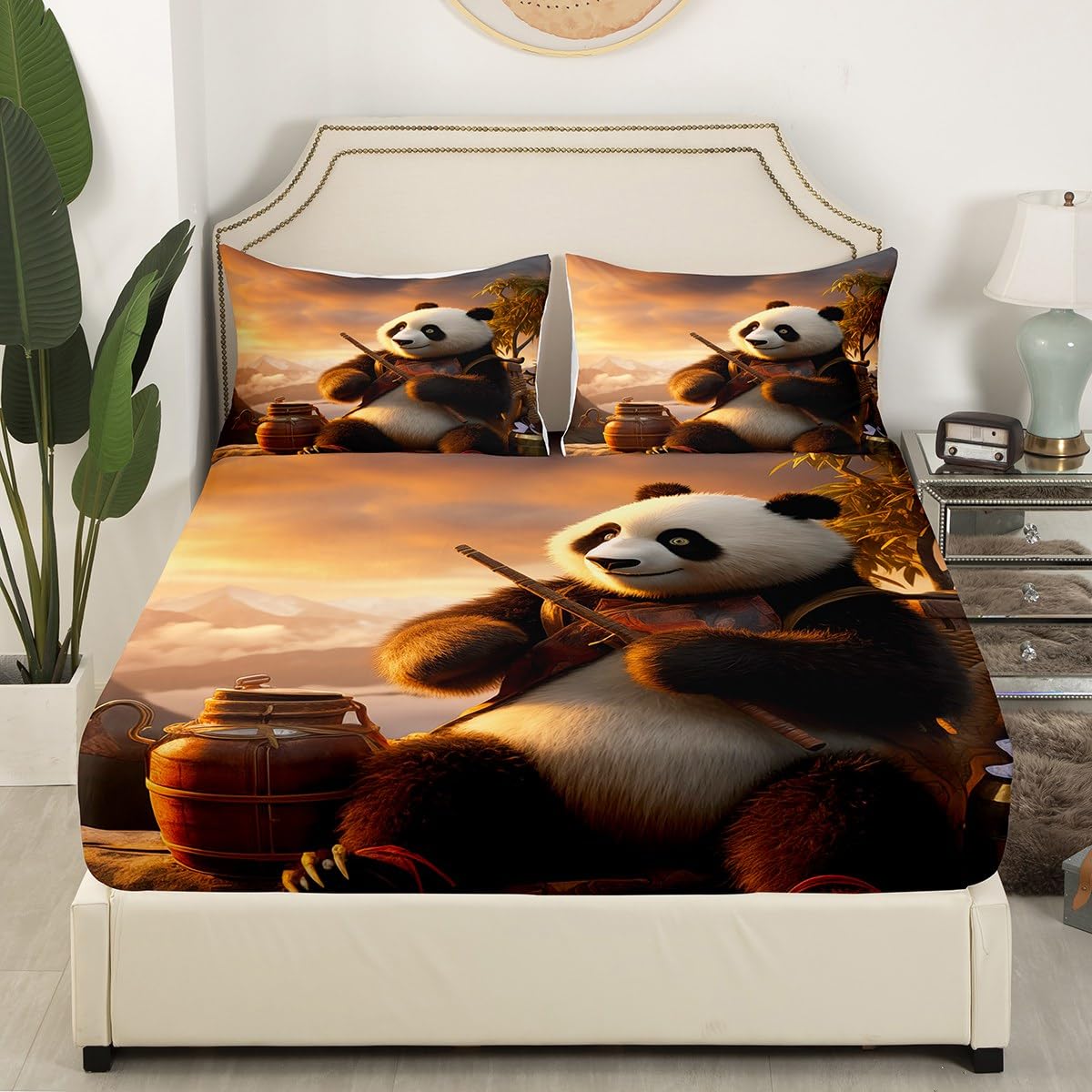 Panda Bear Bedding Set – 3D Printed Queen Sheets With Flowers & Smile Patterns - View #3