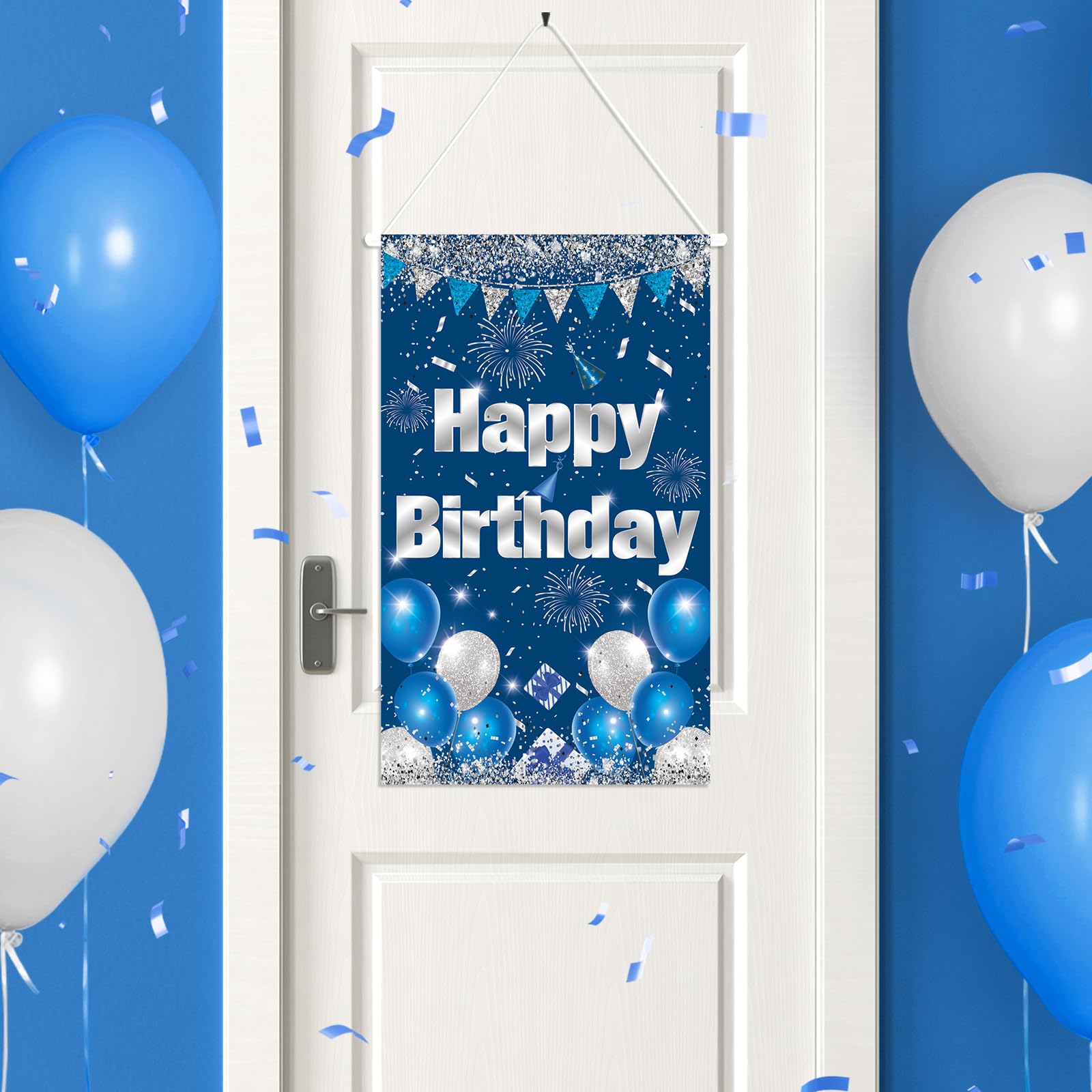 Blue Silver Birthday Door Sign for Women, Blue Silver Birthday Door Banner Decorations Blue Silver Birthday Porch Sign Banner Blue Silver Birthday Door Hanger Decor Birthday Front Door Sign for Girls