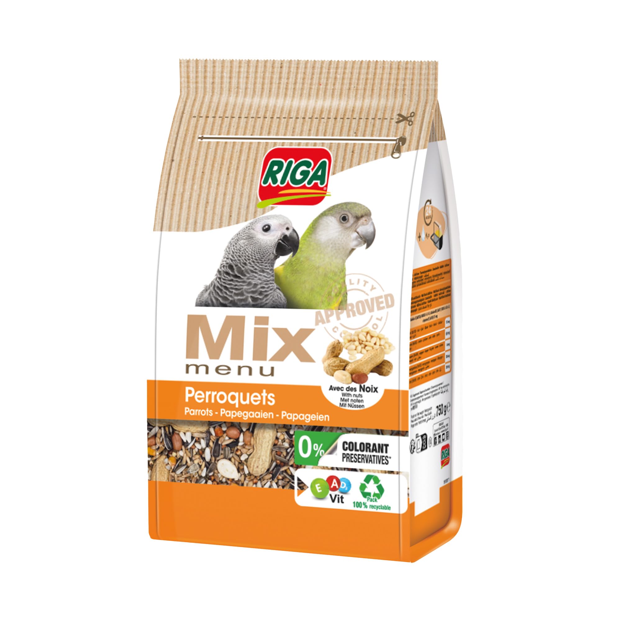 Riga - Menu Mix pour Perroquets - Mix Vitaminé - Nourriture pour Oiseaux - Graines Et Céréales - Aux Noix - Vitamines Et Minéraux - Enrichi en Prébiotiques - sans Colorant, Ni Conservateurs - 750 g