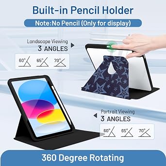 MrARTIST for iPad A16/10th Generation Case - Tablet Case Cute for Women Girls Girly Kawaii Aesthetic Preppy Kawaii Chic Design for Apple Rotating Cover for A16/10th Gen with Pencil Holder, Blue Stars