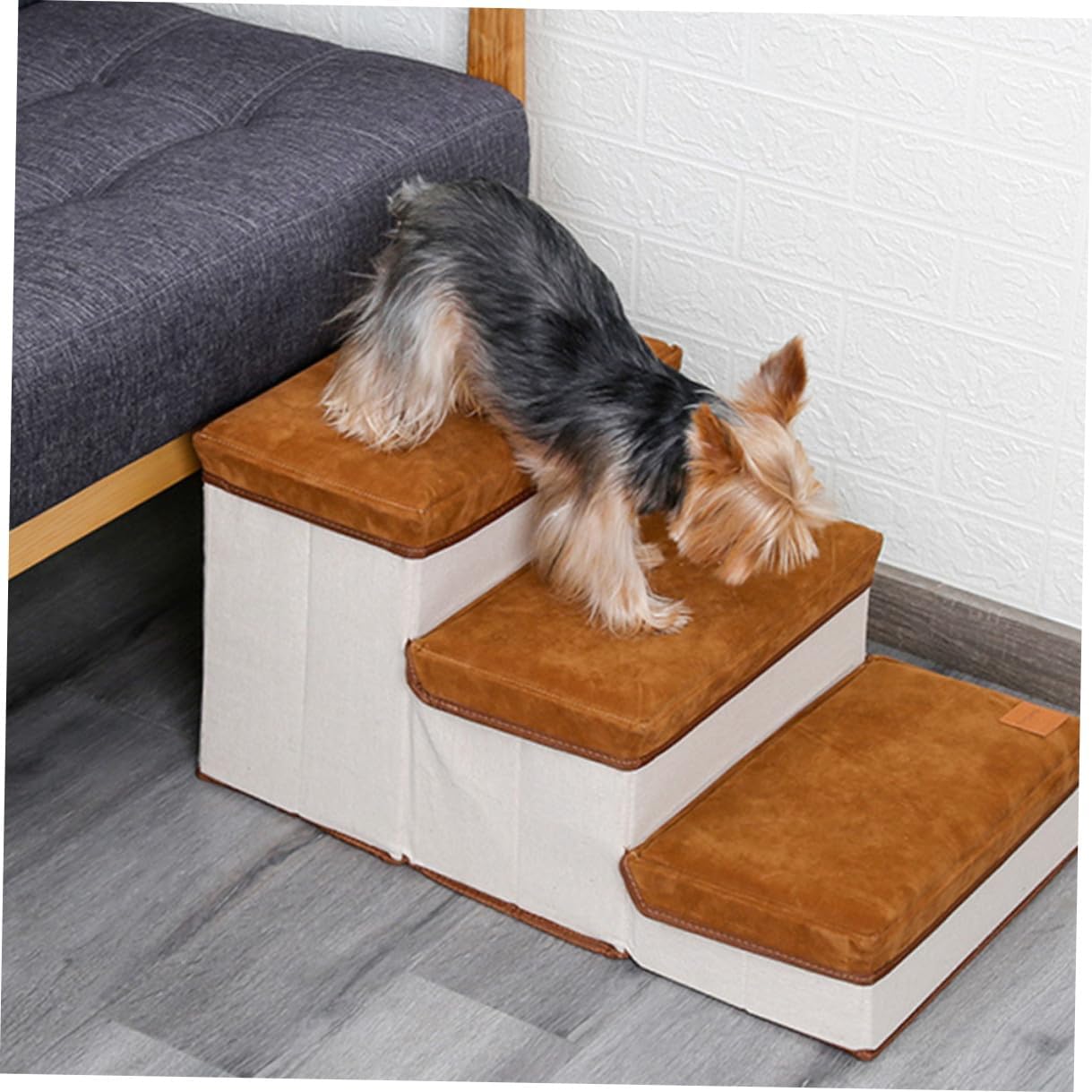 Foldable Three-Step Pet Ladder Ramp with Non-Slip Steps for Small Dogs and Cats Indoor Climbing Staircase Brown