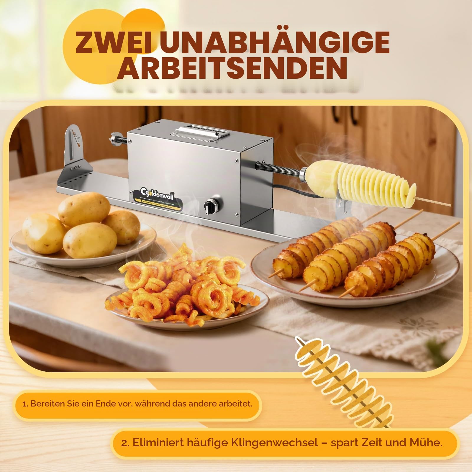 CGOLDENWALL Spiralschneider Kartoffelschneider Elektrischer, Tornado Kartoffel Spiralschneider Edelstahl für Lockige Pommes und Tornado Chips, Kartoffeln, Karotten, Gemüse, Obst, Gurken