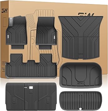 3W Tesla New Model Y Juniper Floor Mats and Cargo Liner, TPE Full Set Floor Liner, Cargo Mat and Seat Back Cover Protector for New Model Y 2025 2026, Car Mat for Tesla Accseeories, Black