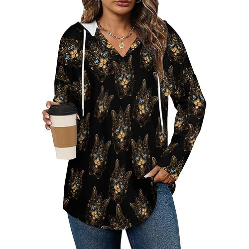 Cat Fantasy Blue Eyes Mandala Lightweight Hoodies for Women Hooded