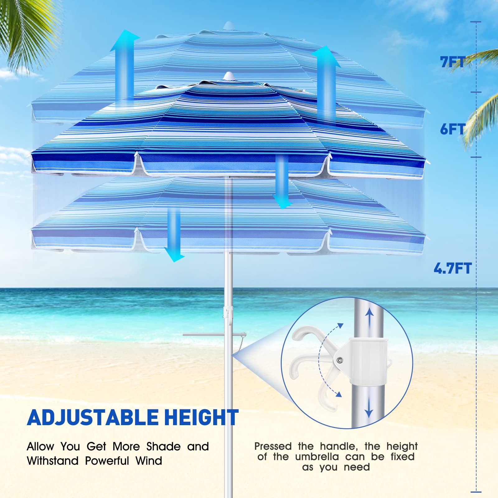 Beach Sand Umbrella Portable Outdoor: 7ft Arc Length 6.5ft Diameter Large Striped Heavy Duty Wind Proof UV 50+ Parasol with Anchor Adjustable Tilt Pole 8 Ribs Carry Bag Lightweight