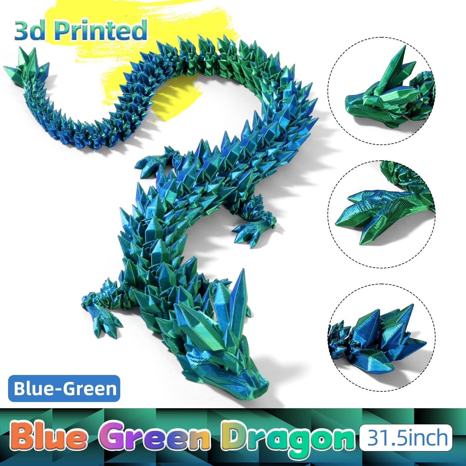 31.5 Large 3D Printed Dragon Bigger Fidget Animals Toys, Giant Flexible Articulated Fidget Toy, Huge 3D Printed Crystal Dragon Halloween Home Office Executive Desk Decor, Christmas 3D Print Toy