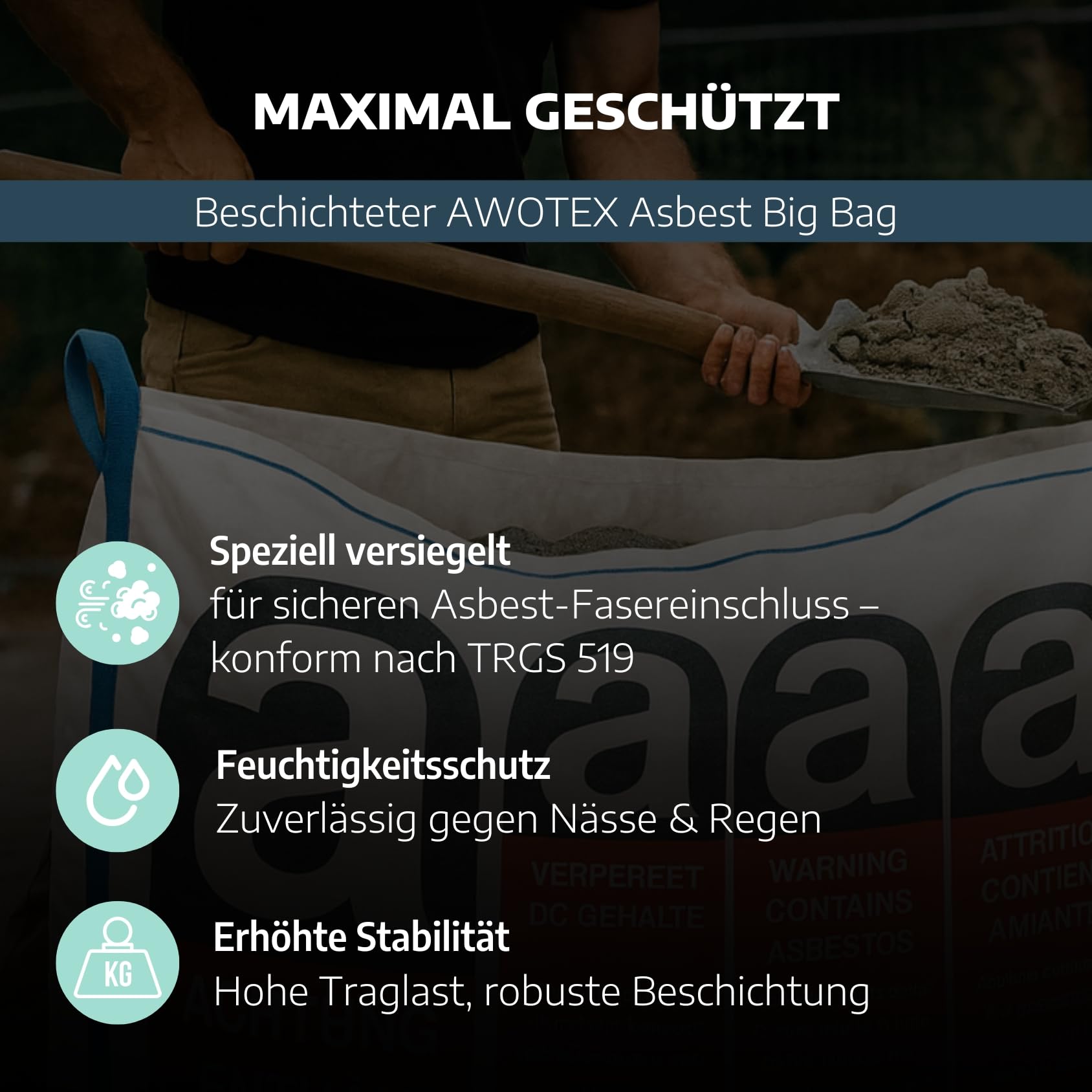Big Bag 90x90x110 cm mit Beschichtetem Asbest-Sack, 4 Stück für Asbestplatten, geschlossener Boden, Schürze SWL 1000 kg