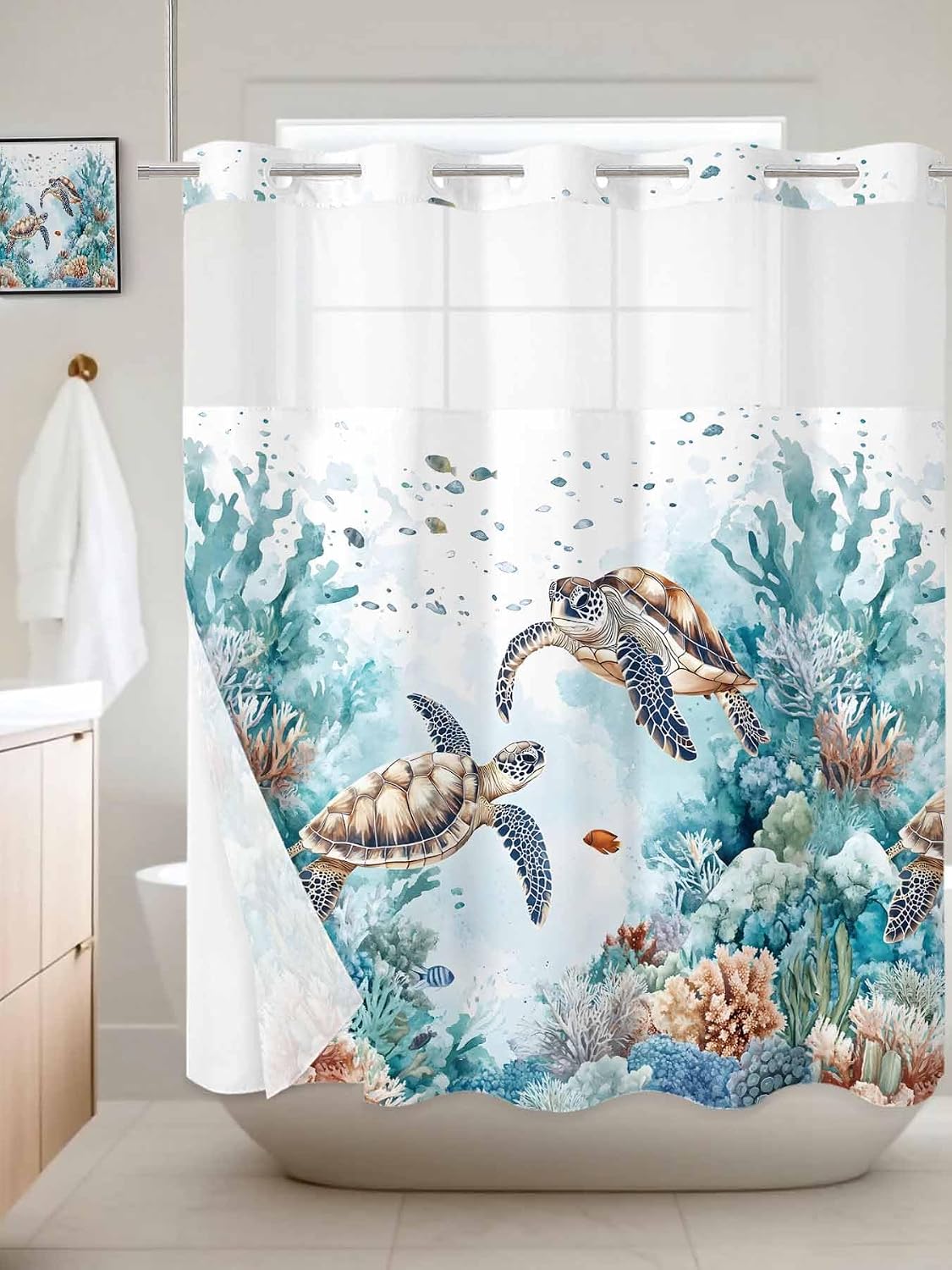 No Hook Shower Curtain with Snap in Fabric Liner Set Sea Turtles Shower Curtain for Bathroom Ocean Fish Coral Bath Curtains Waterproof Inner Liner with See Through Top Window for Spa Hotel 72x78
