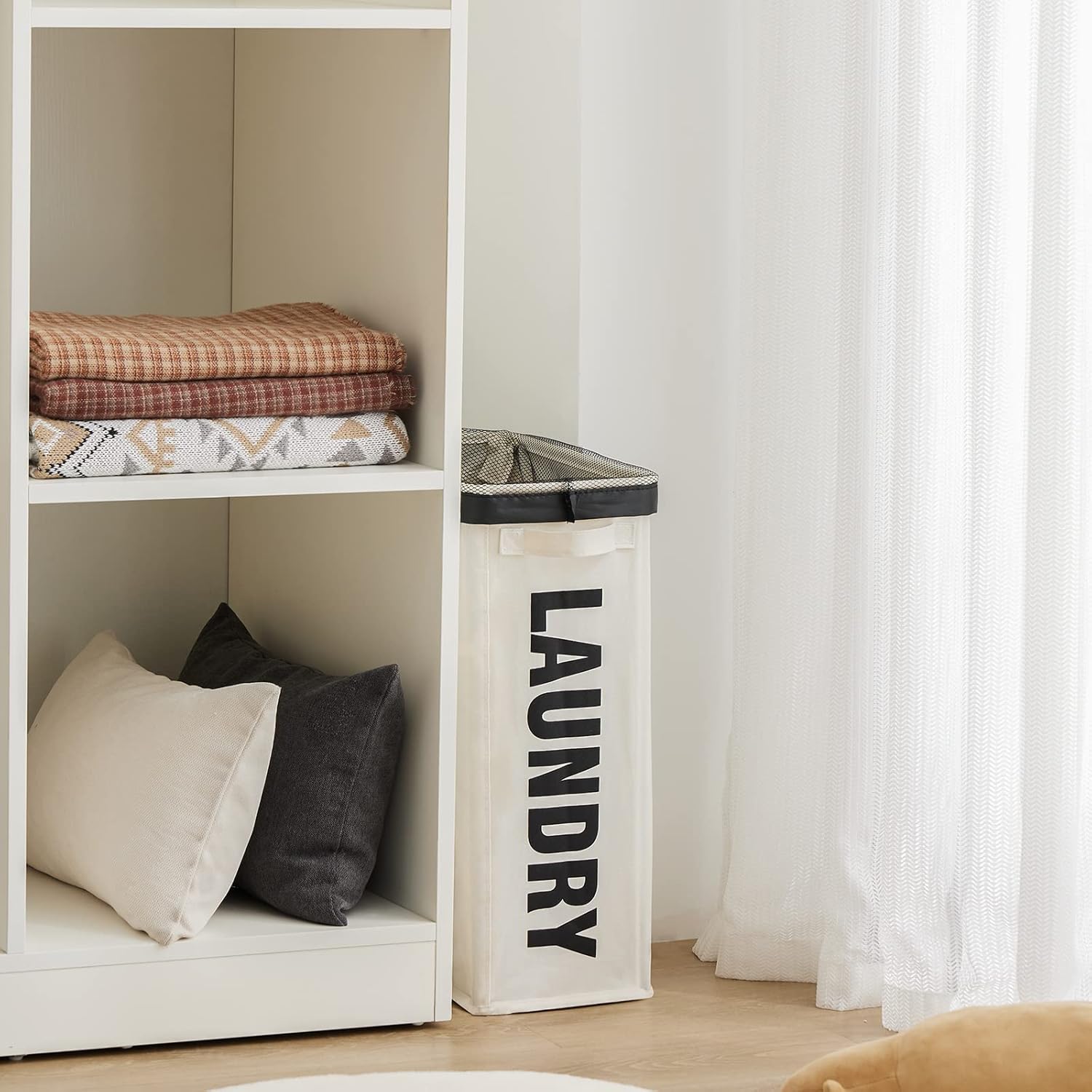 Slim Laundry Hamper with Removable Inner Bag and Side Handles, 45L Small Laundry Baskets to Store Clothes, Narrow Dirty Clothes Hamper for Laundry Room, Bathroom, Bedroom, and Living Room - Beige