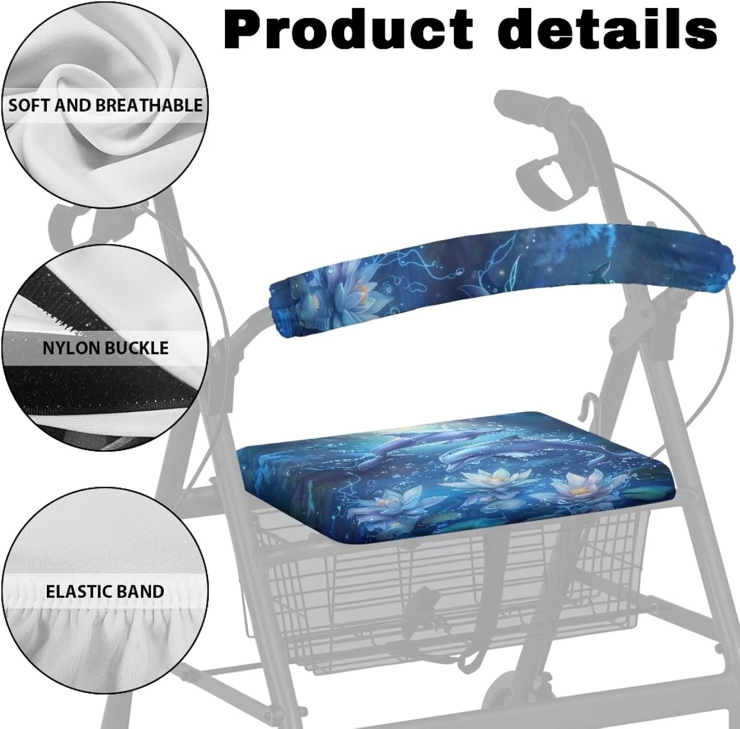 Dolphin Flower Rollator Walker Accessories Cute Walker Seat Covers for Ladies Pattern Rollator Walker Seat and Backrest Covers Universal Walkers for Seniors with Seat Covers Gifts image 5