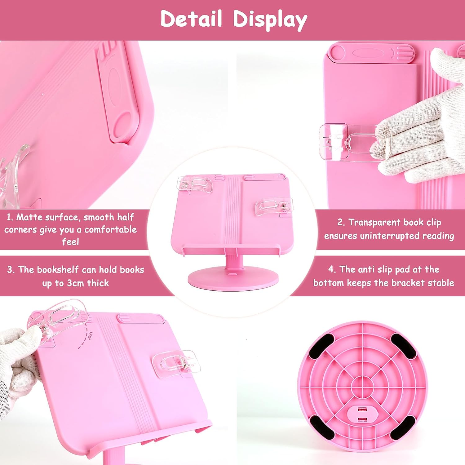 Kids Book Stand, Adjustable Reading Holder, Thick Base, Foldable Reading Stand with Elastic Page Clips, for 8.5"×11" or Smaller, Gift for Children, Pink image 4