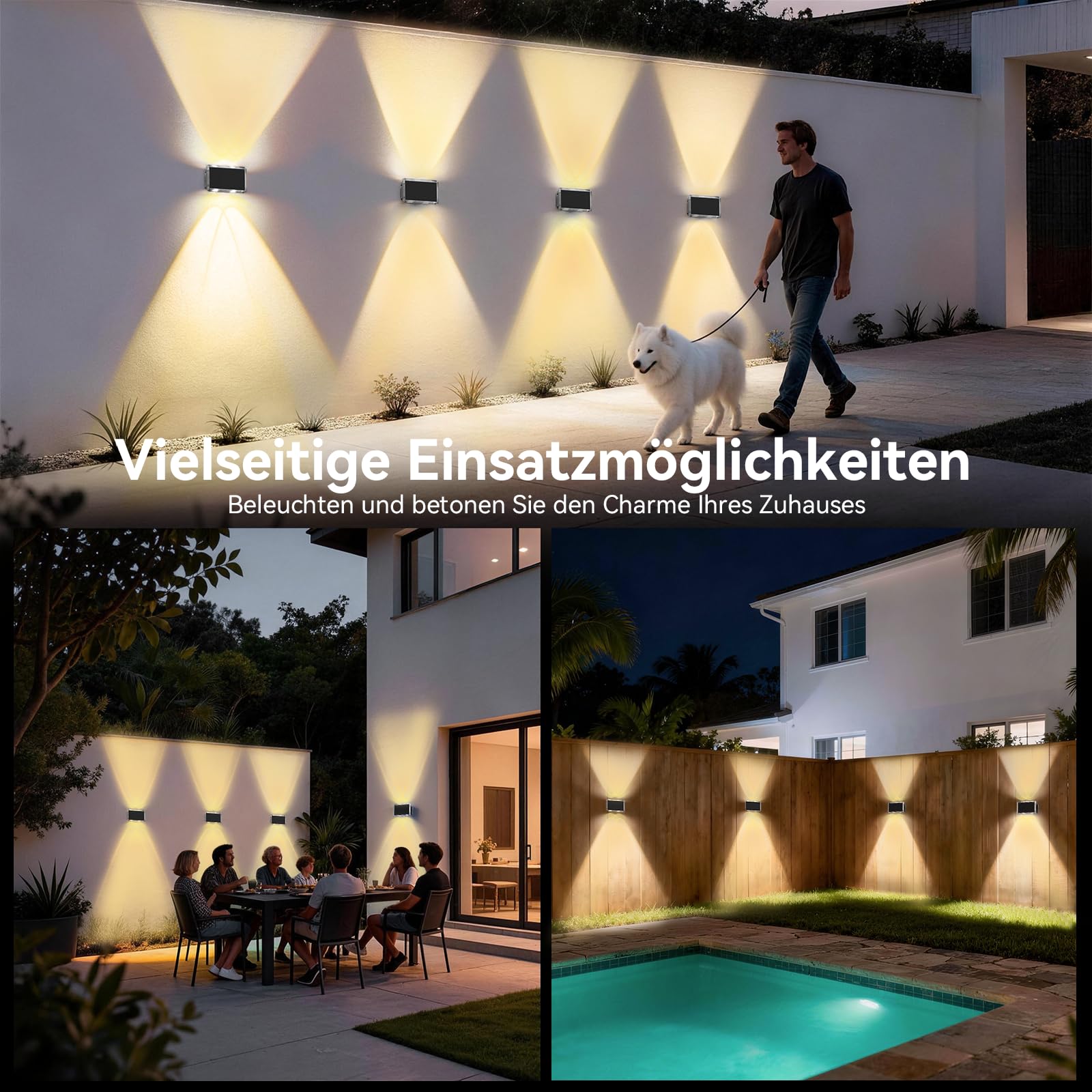 TECKNET Solar Wandleuchten für Außen, IP66 Up and Down Solarlampen, 12Stück | IP66 Wasserdicht, 4 LEDs, 3 Farbmodi, für außen wand, Garten, Hof, Terrassen, Balkone, Veranden, Zäune