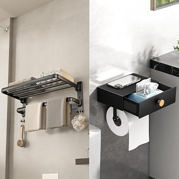VOLDRA 24-Inch Towel Rack & Toilet Paper Holder with ShelfMatte Black