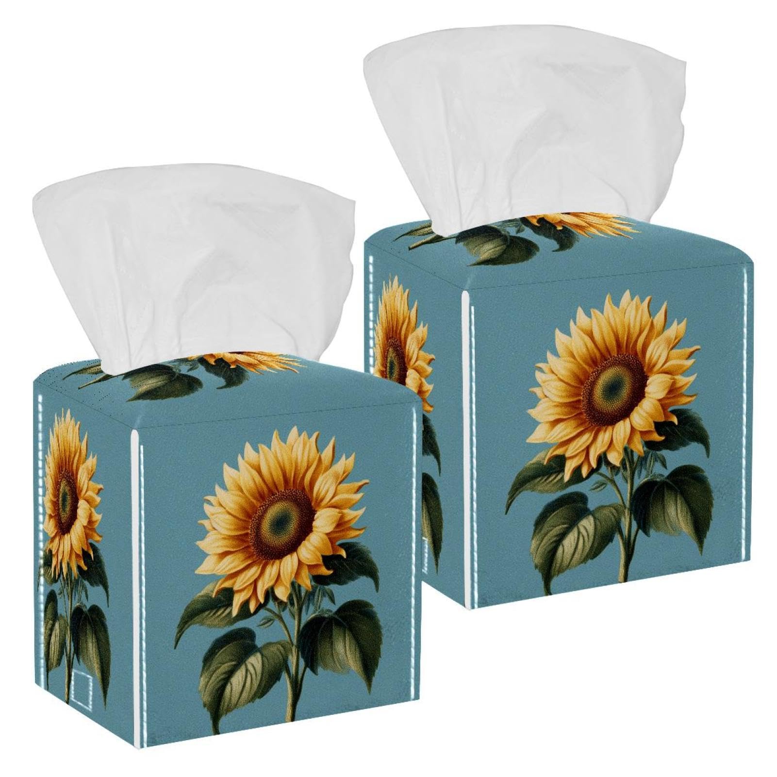 Sunflower Tissue Box Cover, 2 Pack PU Leather Square Facial Tissue Dispenser Box holder for Home Office Car