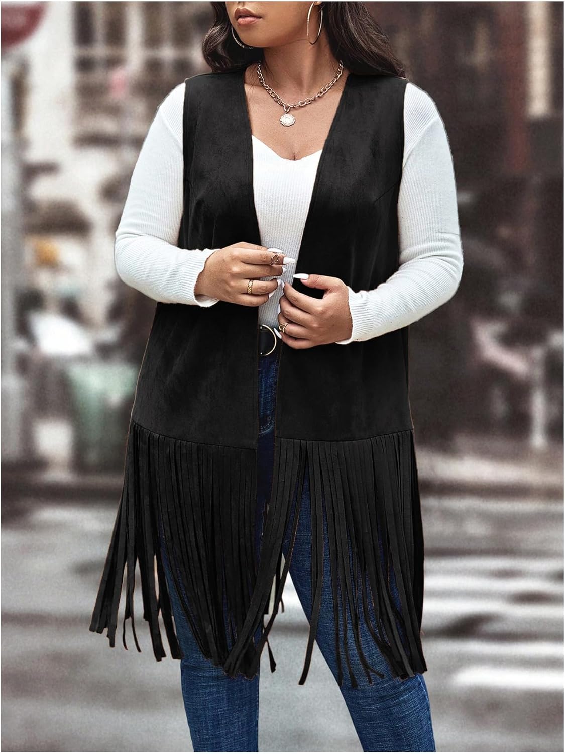 WDIRARA Women's Plus Size Fringe Hem Faux Suede Open Front Cardigan Vest Coat