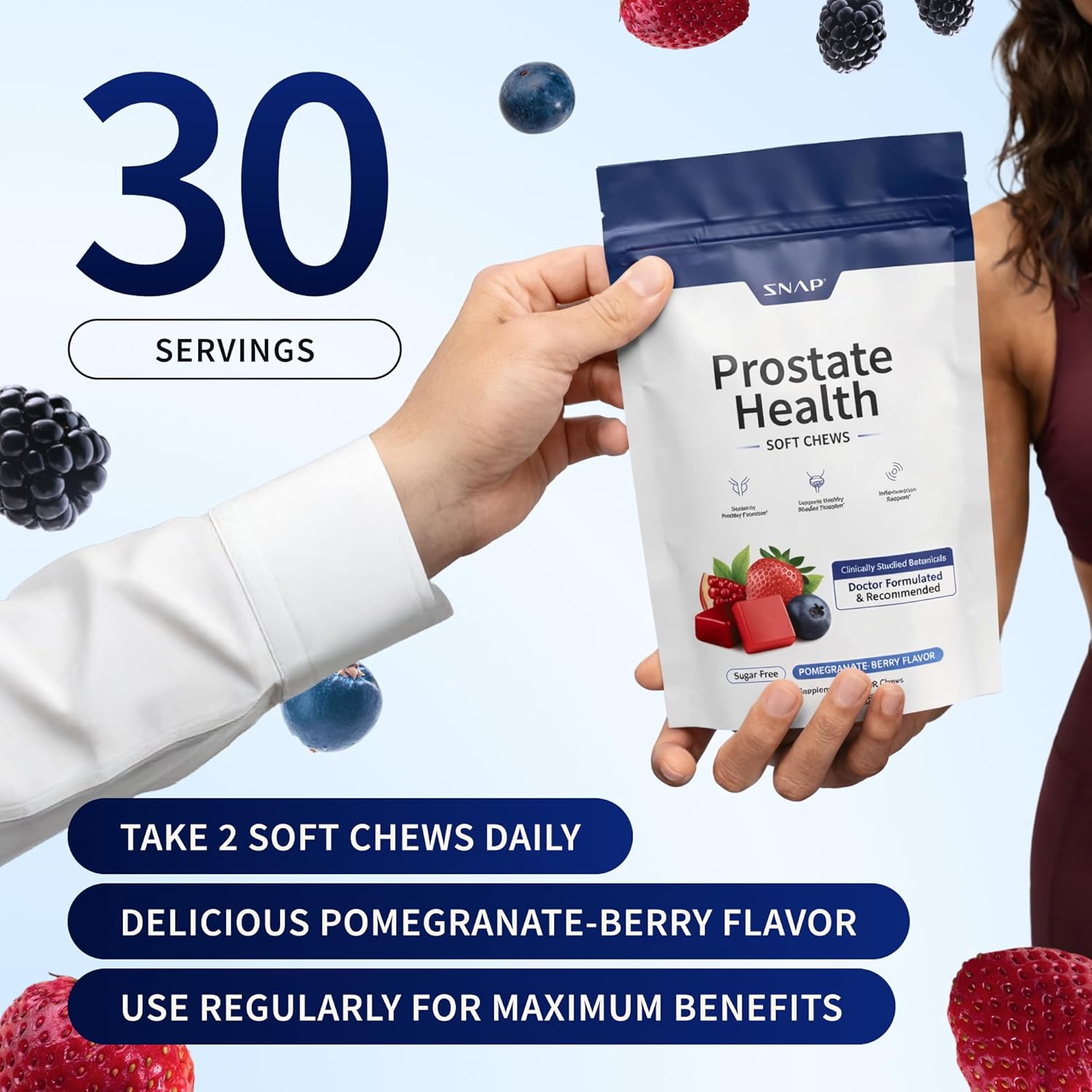 Snap Supplements Prostate Health Supplement for Men with Plant Sterols, Nettle Root & Reishi Mushroom - Supports Prostate and Urinary Wellness, 60 Sugar Free Soft Chews, Pomegranate-Berry