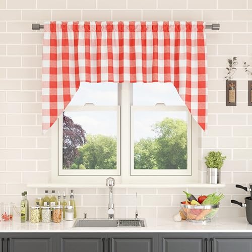 Miniatura 29 de Cortina ajustable con cenefa para ventana de cocina Buffalo Check, a cuadros, gingham, estilo granja, con bolsillo para barra, para baño, 42 x 45