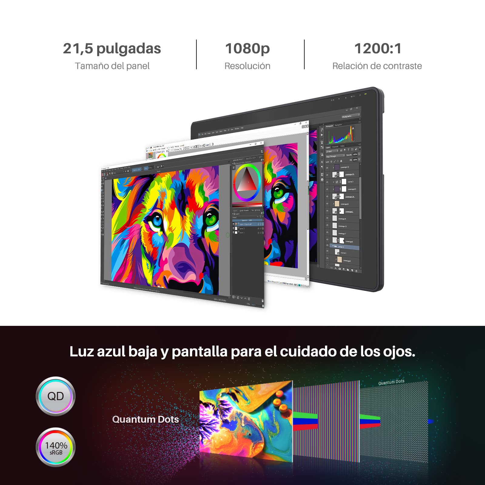 HUION Kamvas 22 Plus Tableta Gráfica con Pantalla, 140% sRGB, Vidrio Antirreflejo, Pantalla LCD QD Completamente Laminada, Lápiz PW517 con Inclinación, Ideal para Trabajar Desde Casa, 21.5 Pulgadas