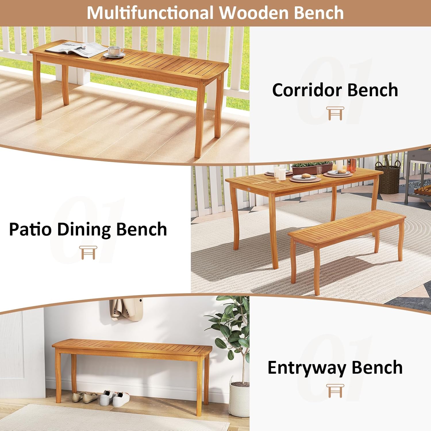 Tangkula Acacia Wood Outdoor Bench, 47" 2-Person Patio Dining Bench with Slatted Seat, Backless Wooden Entryway Bench, Farmhouse Indoor Outdoor Bench for Garden, Poolside, Deck & Park (2,Natural)