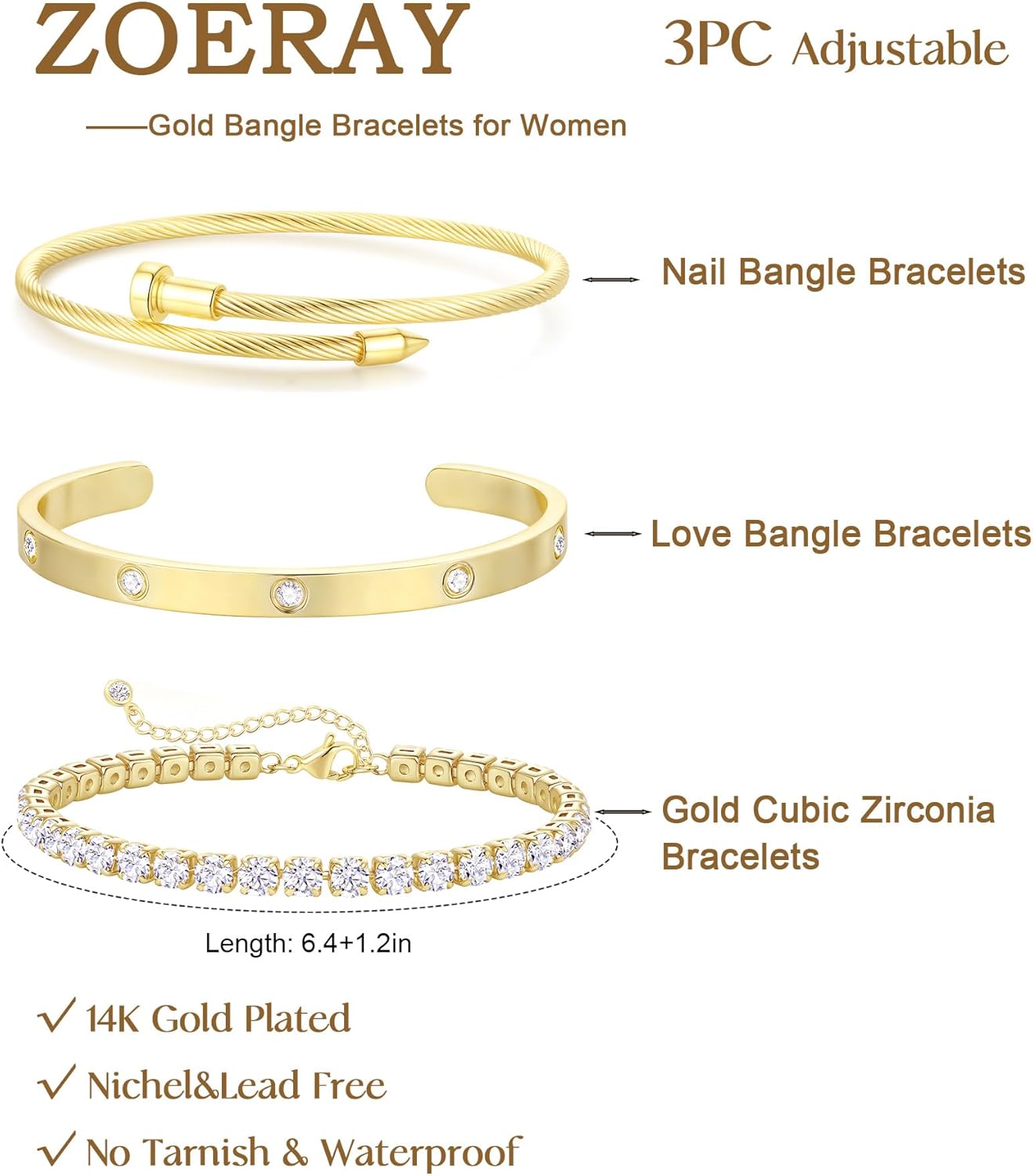 ZOERAY Silver Gold Bangle Bracelets for Women Non Tarnish 14k Gold Plated Stackable Cuff Bracelets for Women Trendy Cubic Zirconia Stainless Steel Chunky Bracelet Stack Set Waterproof Jewelry Gifts - Image 5