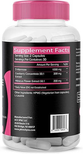 Miniatura 2 de pHresh D-manosa con cápsulas de arándano para mujeres y hombres, fuerza máxima de 1000 mg por porción, apoya: salud del tracto urinario, fabricado