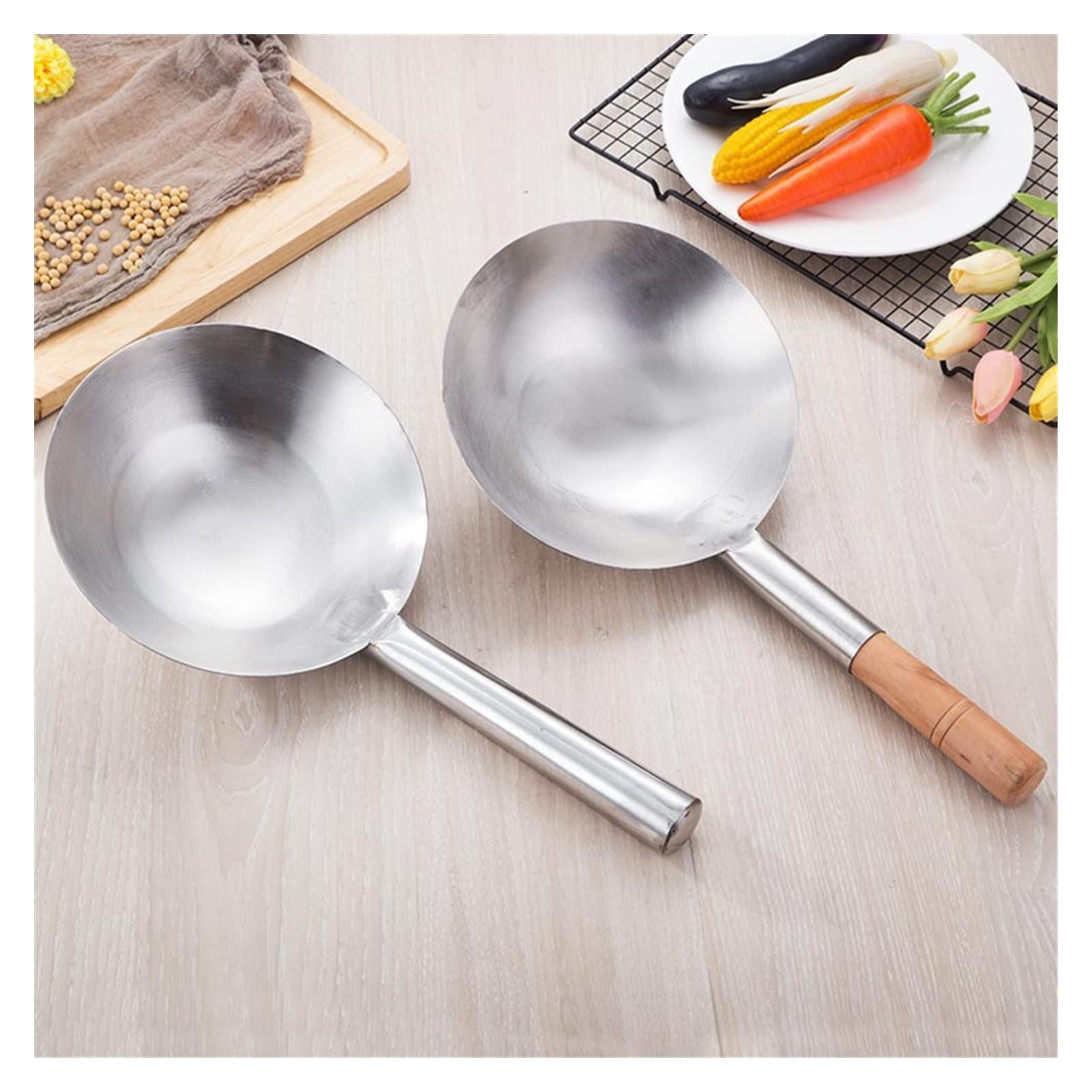 Cucharones Gadgets de Cocina Gruesos Pot de Madera de Madera/Acero Inoxidable sin Recubrimiento Chef Antiadherente cocinando Wok Sopa Grande Cuchara Wok Cuchara sopera (Color : Wooden Handle, Size :
