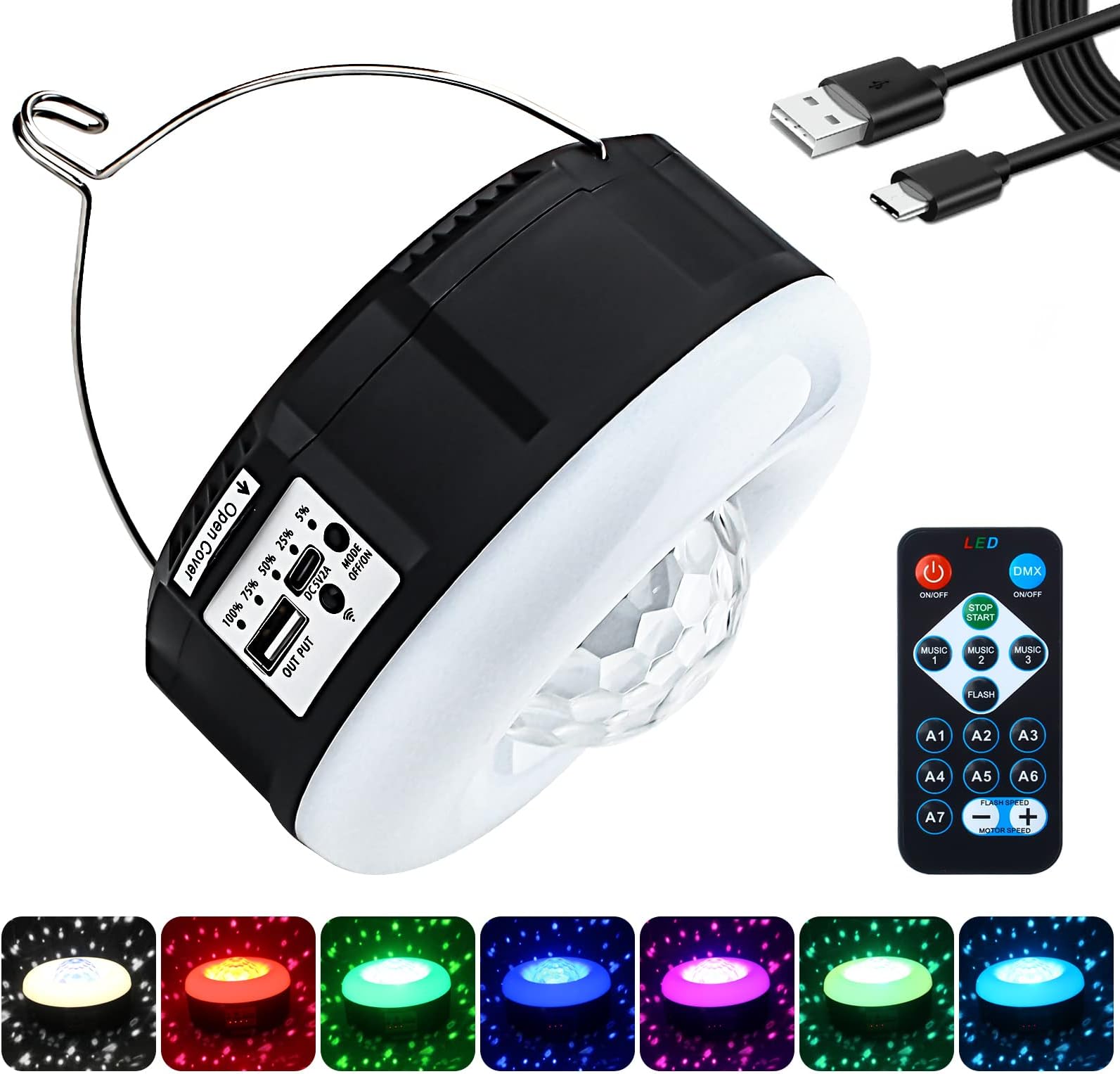 SWEALEERCamping Lantern, Portable RGB Disco Light, Remote Control Tent Light Rechargeable by Solar Panel or USB, with Handheld Hook for Home Emergency Lighting, Party, Camping, Hiking(RGB Magic light+White)