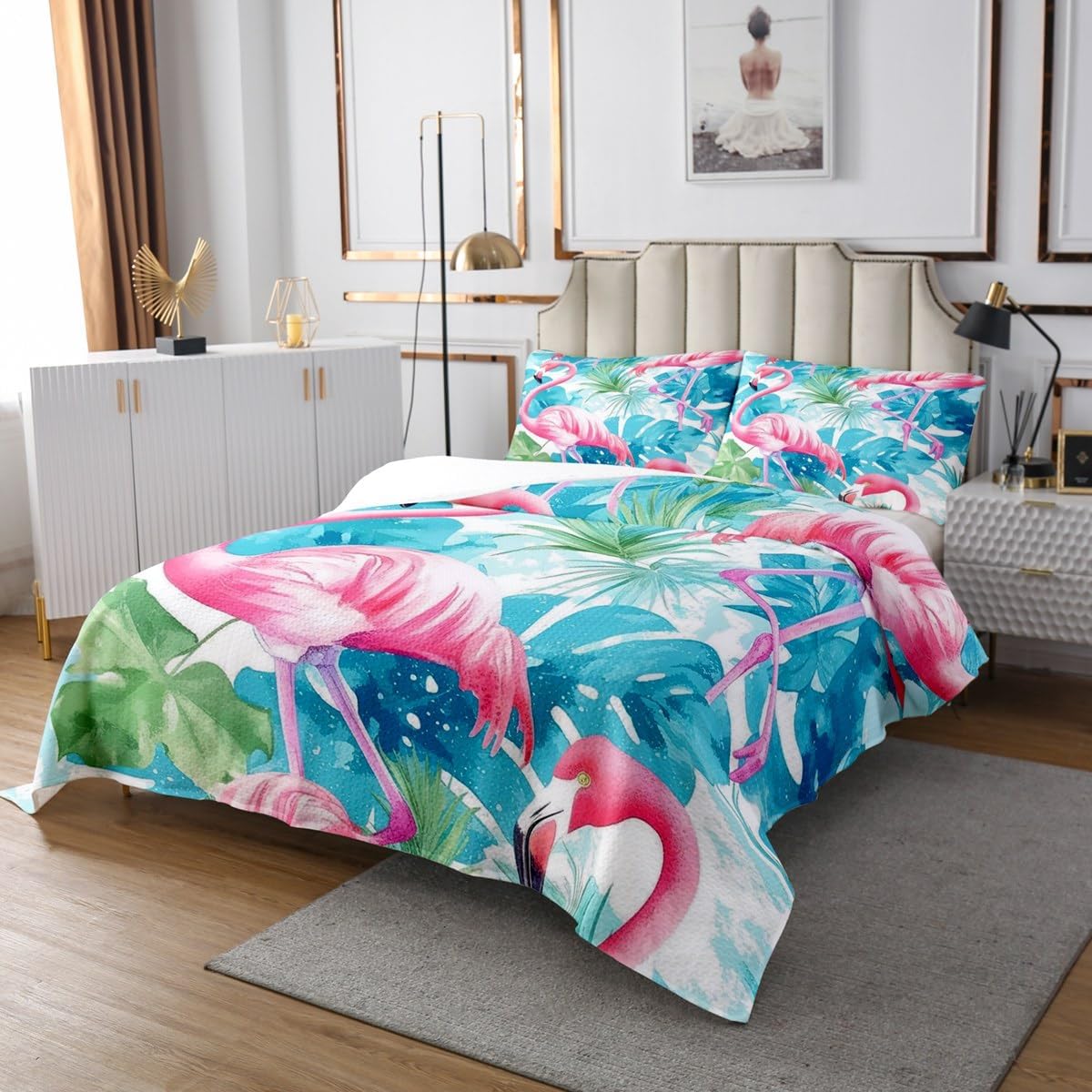 Manfei Tropical Leaves Quilt Set King,Watercolor Pink Flamingo Lightweight Coverlet Bedspread,Animals Plants Themed Bed Cover Set,Coastal Farmhouse Style Bedspread 3 Piece (1 Quilt,2 Pillow Shams)