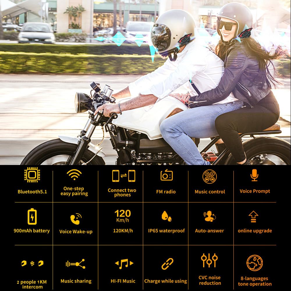 QSPORTPEAK Shark02 interfono moto bluetooth, sistema bluetooth per casco per 2 piloti/Portata 1000m/Condivisione musica/Selezione tono multi-paese(1 pezzi)