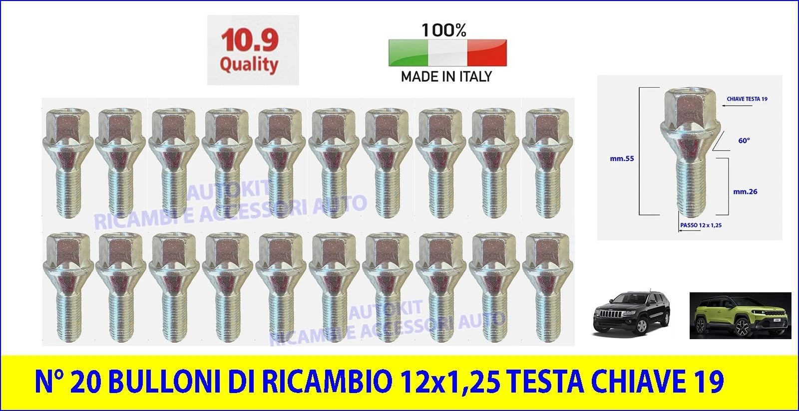 Kit 20 Bullone Ruote 12x1,25 Testa con Chiave da 19 Specifici per COMPASS Prodotte dal 07/2017 al 02/2021 - CHEROKEE prodotte dal 2014 in poi - SH11/S