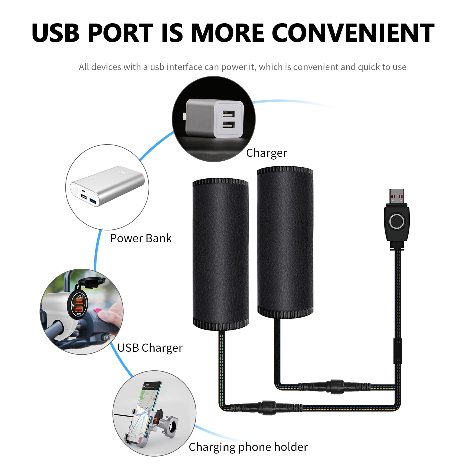 Ogrzewane uchwyty kierownicy motocyklowej USB 5 V z 3-poziomową regulacją temperatury, antypoślizgowe ogrzewacze rąk z PCW, z wodoodpornym przełącznikiem, paskami, Plug-and-Play, do motocykli