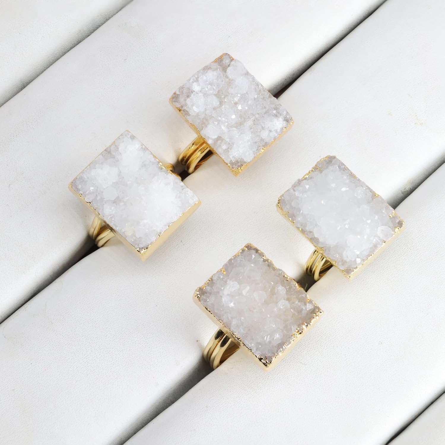 Natural Druzy Gemstone Ring, Rectangular Shaped Stone Rings for Women, Handcrafted, Adjustable (US Size 6-8) Jewelry Ring, Natural Quartz Ring for Anniversary, Birthday, Wedding